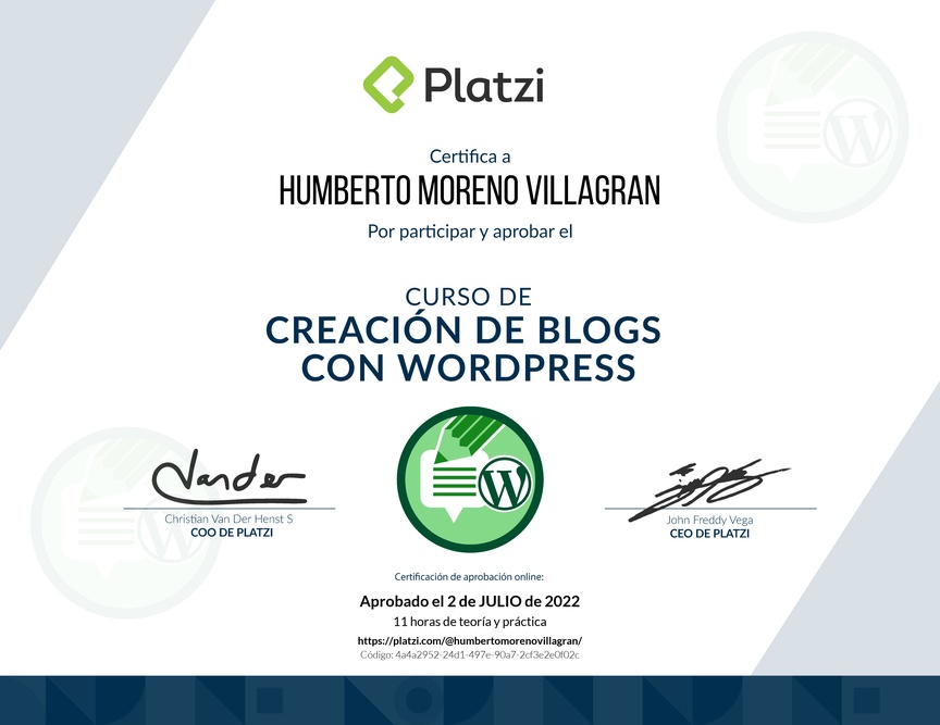 Diploma del Curso de Creación de Blogs con WordPress