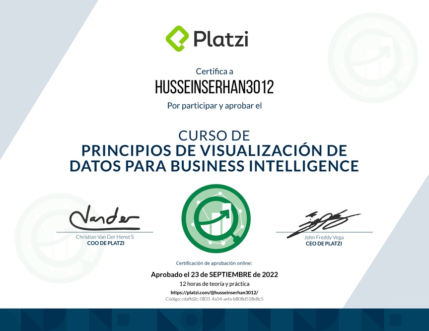 Diploma del Curso de Principios de Visualización de Datos para Business Intelligence (2021)