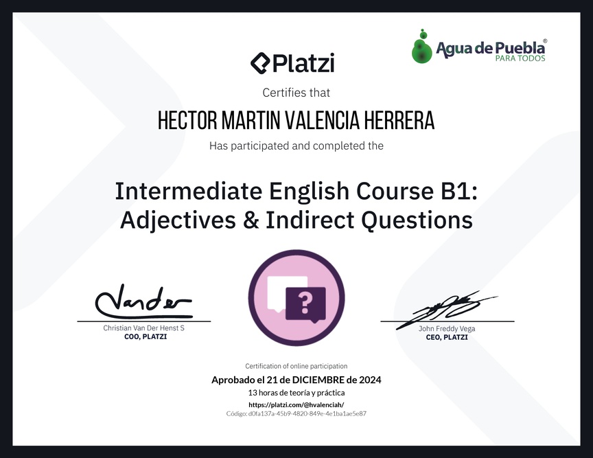 Diploma del Curso de Inglés Intermedio B1: Adjetivos y Preguntas Indirectas