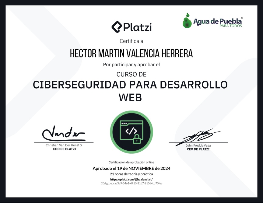 Diploma del Curso de Ciberseguridad para Desarrollo Web
