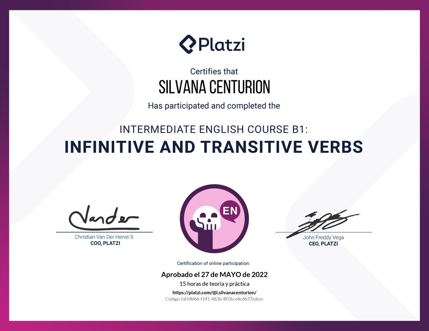 Diploma del Curso de Inglés Intermedio B1: Verbos Infinitivos y Transitivos (2021)