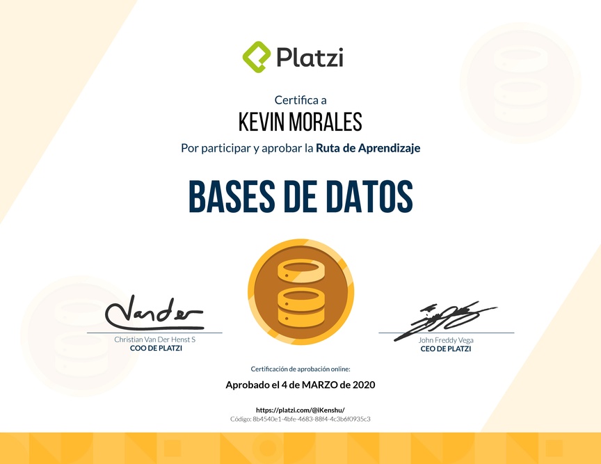 Diploma de la Ruta de Aprendizaje de Bases de datos desde cero