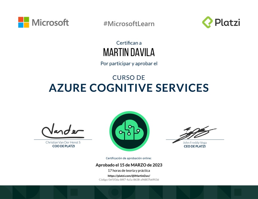 Diploma del Curso de Azure Cognitive Services