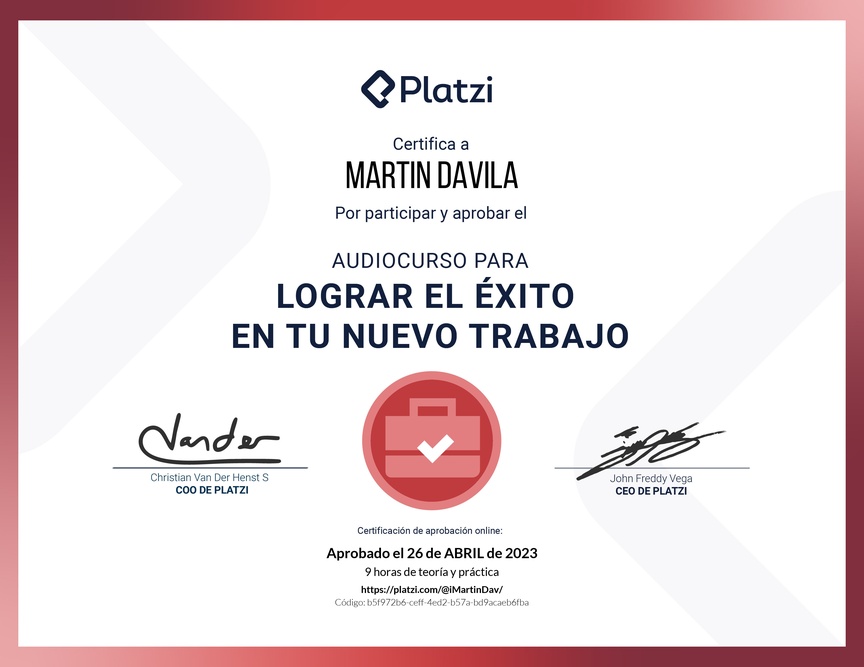 Diploma de Audiocurso para Lograr el Éxito en tu Nuevo Trabajo