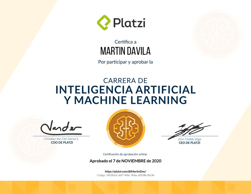Diploma de la Ruta de Aprendizaje de Inteligencia Artificial y Machine Learning