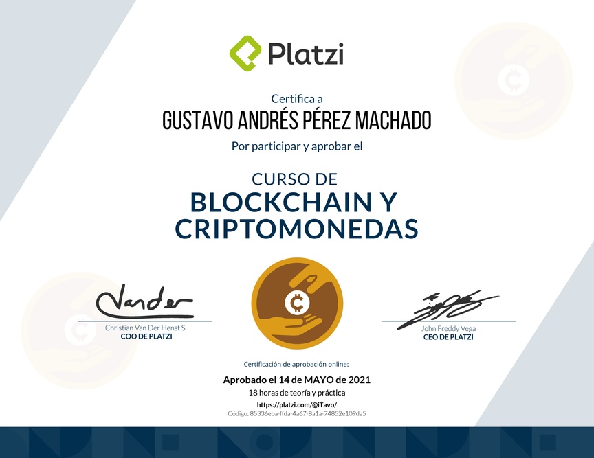 Diploma del Curso de Blockchain y Criptomonedas 2018