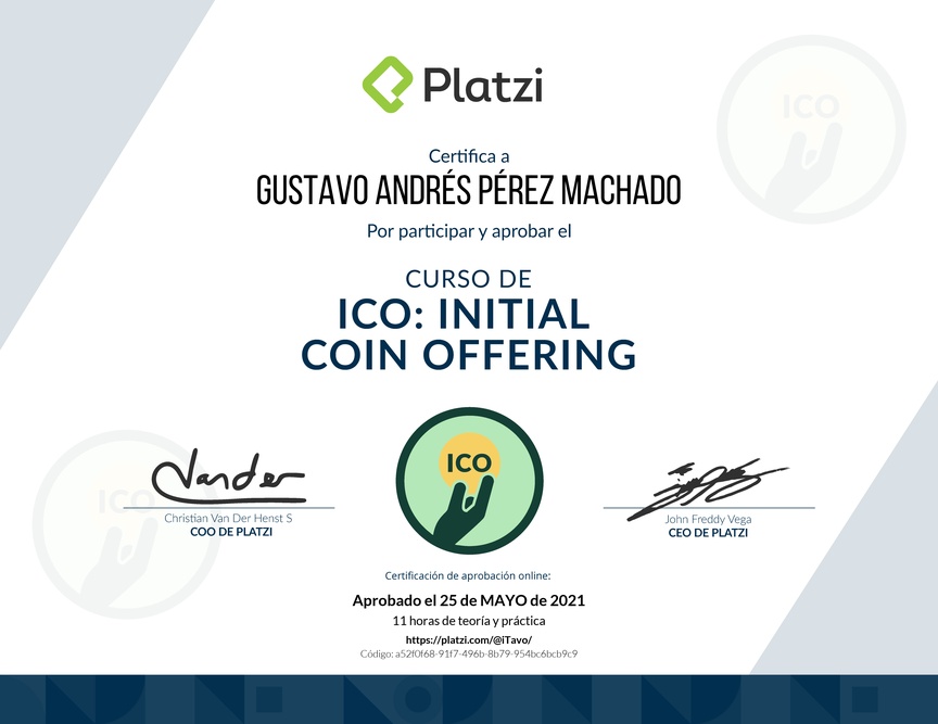 Diploma del Curso de ICO: Initial Coin Offering