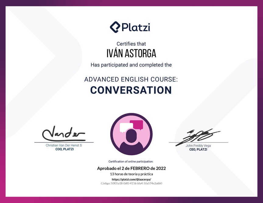 Diploma del Curso de Inglés Avanzado: Conversación 2020