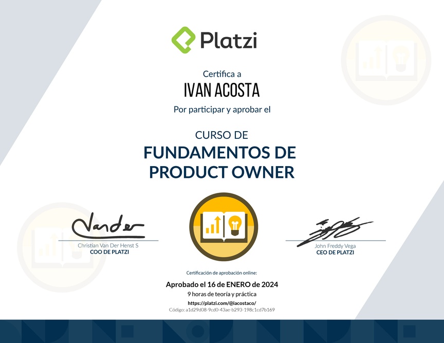 Diploma del Curso de Fundamentos de Product Owner