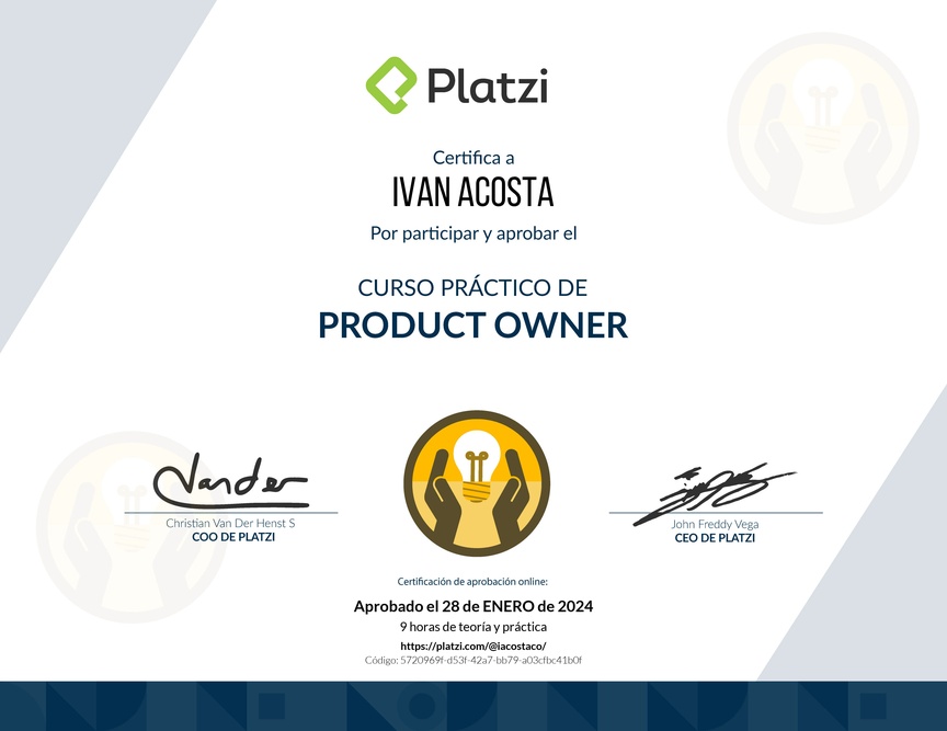 Diploma del Curso de Herramientas y Frameworks Intermedias para Product Owners