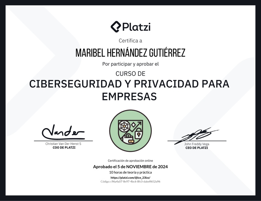 Diploma del Curso de Ciberseguridad y Privacidad Empresarial (2023)