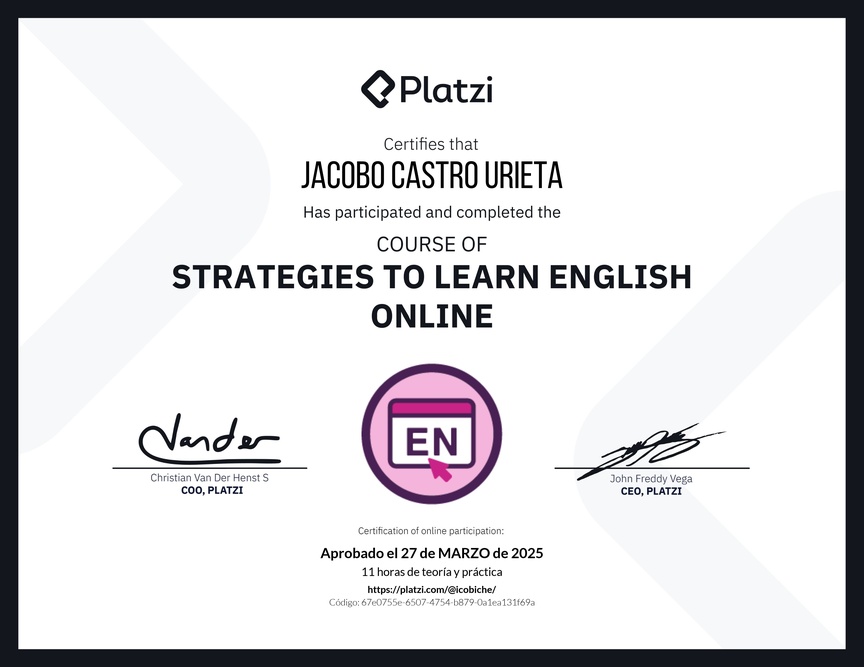 Diploma del Curso Gratis de Estrategias para Aprender Inglés en Línea