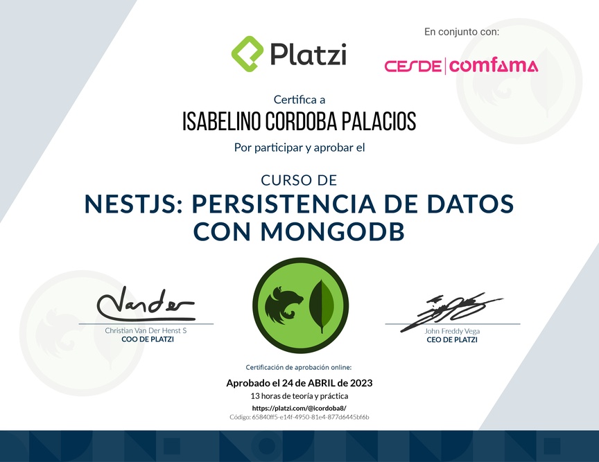 Diploma del Curso de NestJS: Persistencia de Datos con MongoDB