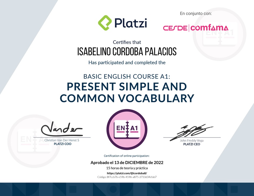 Diploma del Curso de Inglés Básico A1: Presente Simple y Vocabulario Común (2021)