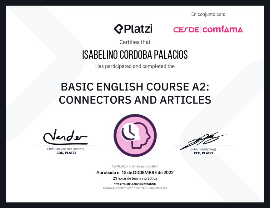 Diploma del Curso de Inglés Básico A2: Conectores y Artículos