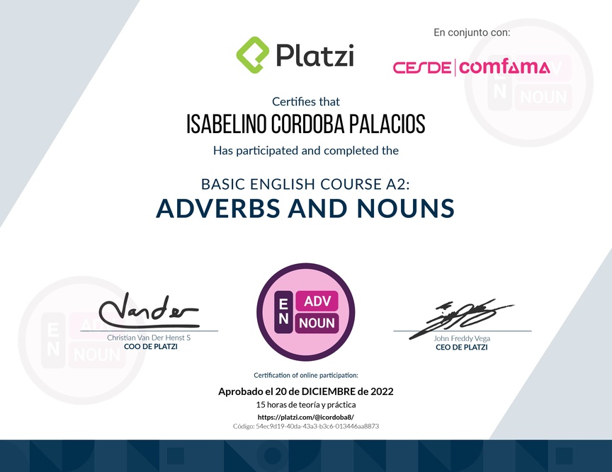 Diploma del Curso de Inglés Básico: Adverbios y Sustantivos (2021)