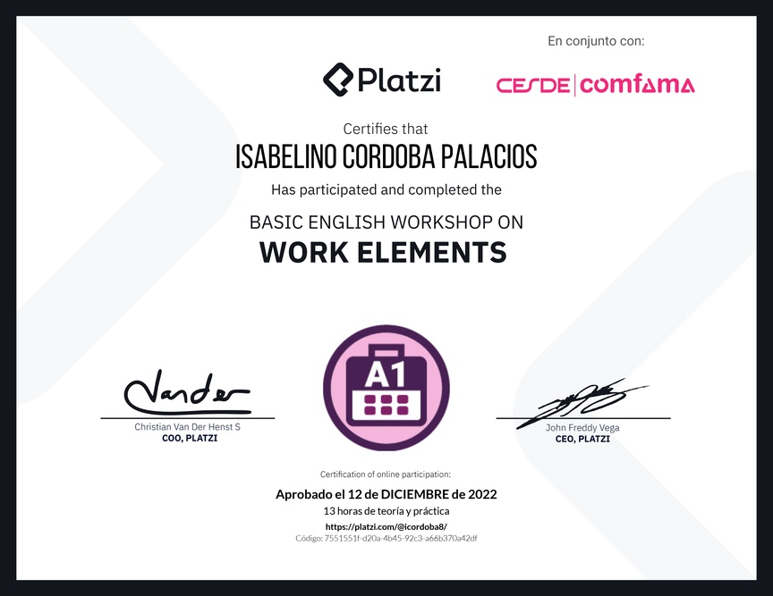 Diploma del Curso de Inglés Práctico sobre Elementos de Trabajo