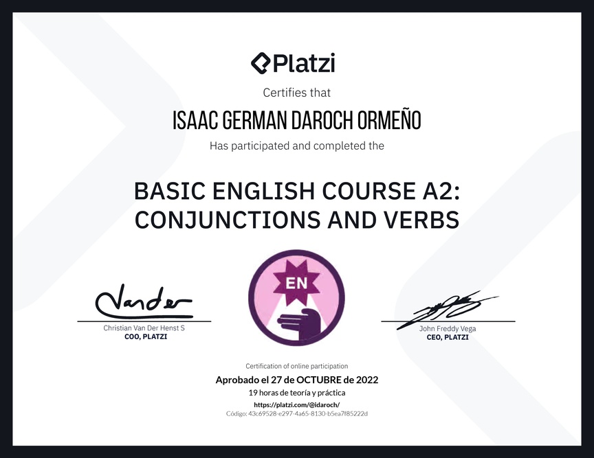 Diploma del Curso de Inglés Básico A2: Conjunciones y Verbos