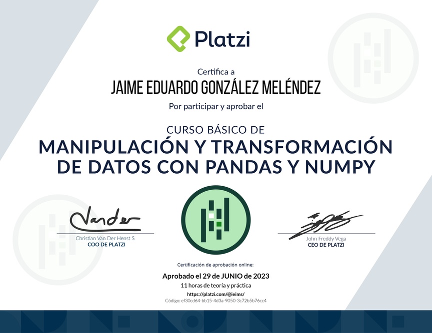 Diploma del Curso de Manipulación y Transformación de Datos con Pandas y NumPy