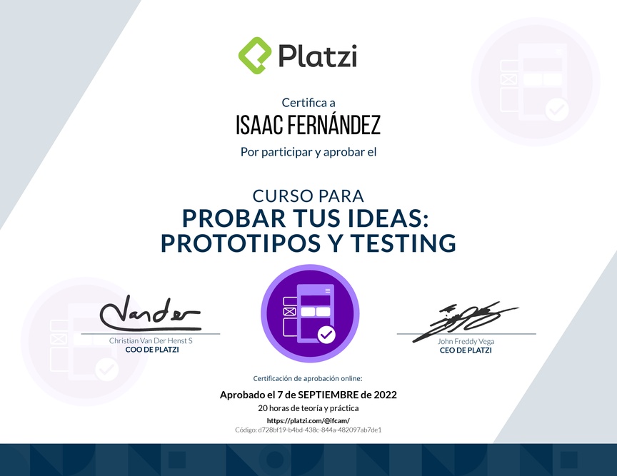Diploma del Curso de validación de Ideas: Prototipos y Testing Exitosos