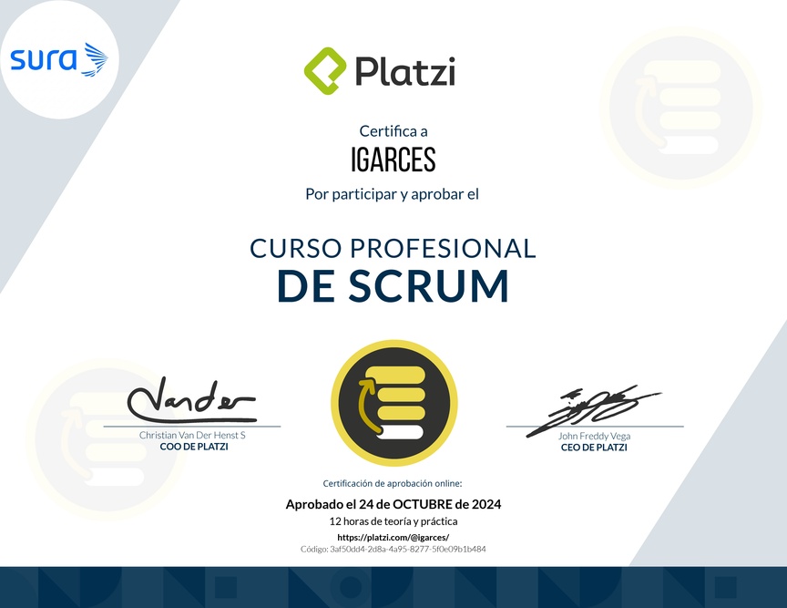 Diploma del Curso Profesional de Scrum
