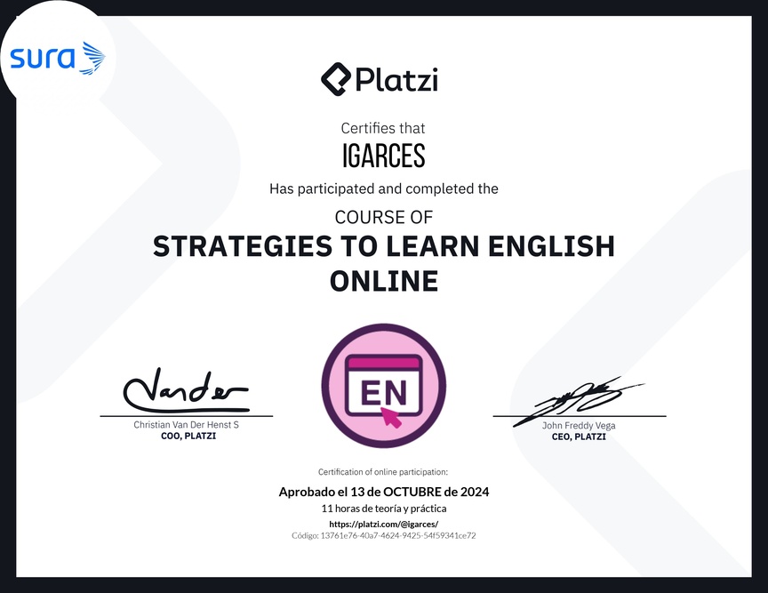Diploma del Curso Gratis de Estrategias para Aprender Inglés en Línea