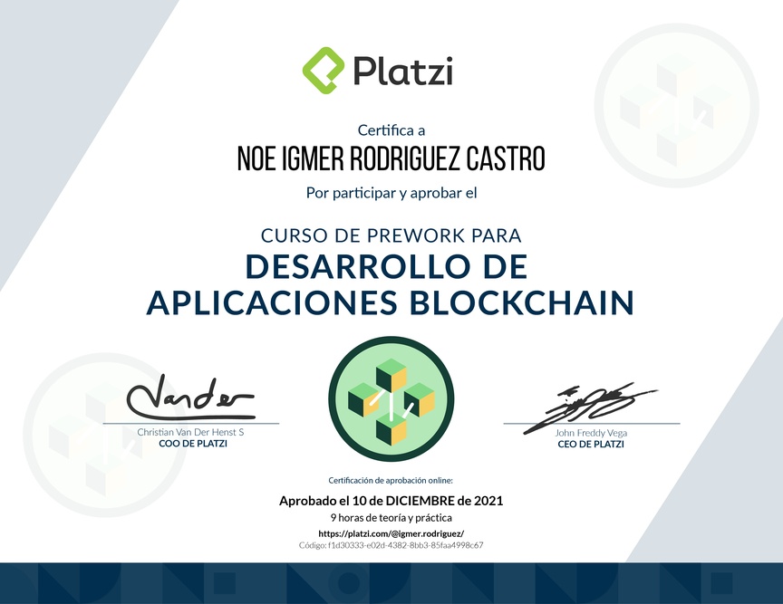 Diploma del Curso de Prework para Desarrollo de Aplicaciones Blockchain 2021