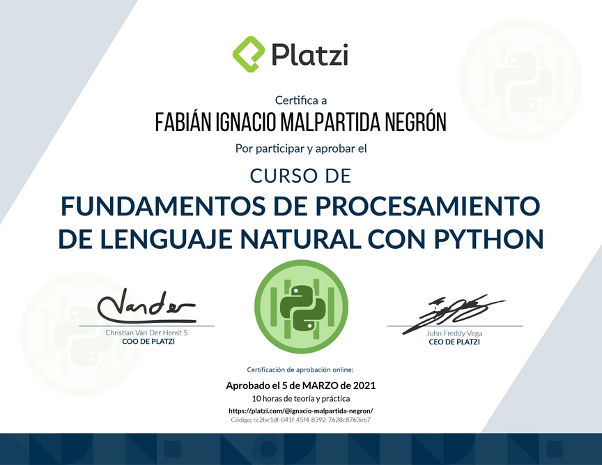 Diploma del Curso de Fundamentos de Procesamiento de Lenguaje Natural con Python y NLTK