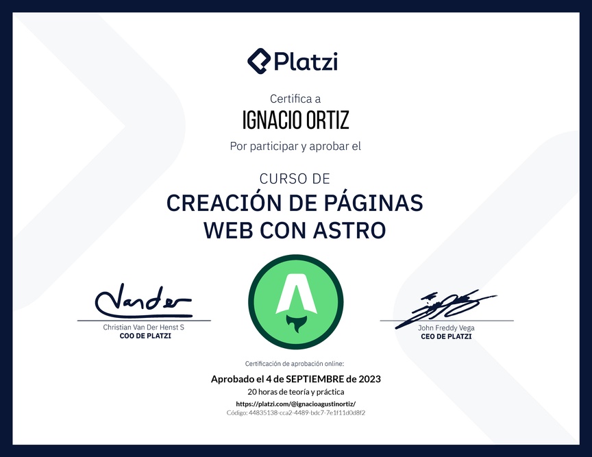 Diploma del Curso de Creación de Páginas Web con Astro