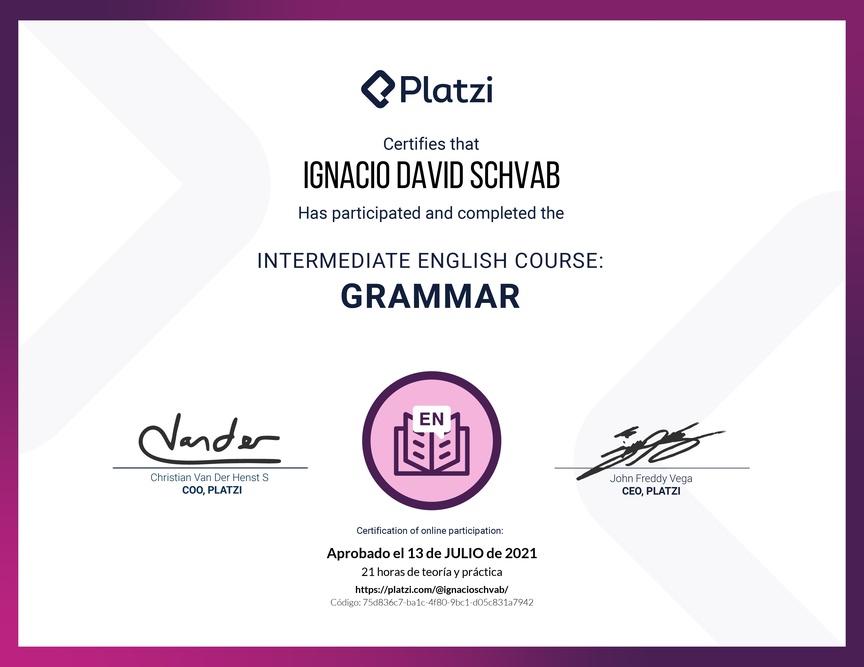 Diploma del Curso Intermedio de Gramática en Inglés (2020)