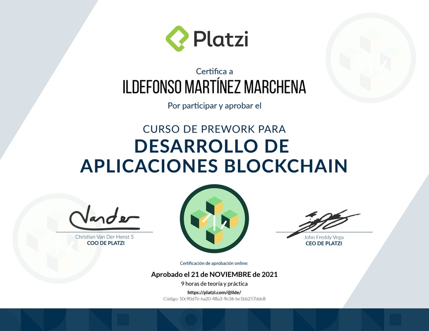 Diploma del Curso de Prework para Desarrollo de Aplicaciones Blockchain 2021