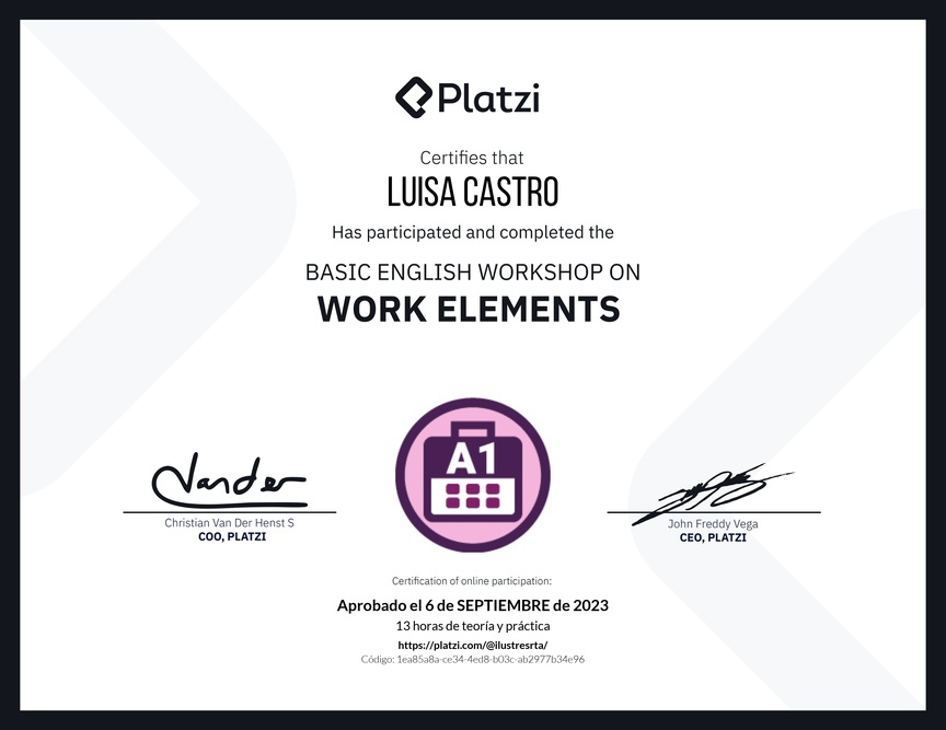 Diploma del Curso de Inglés Práctico sobre Elementos de Trabajo