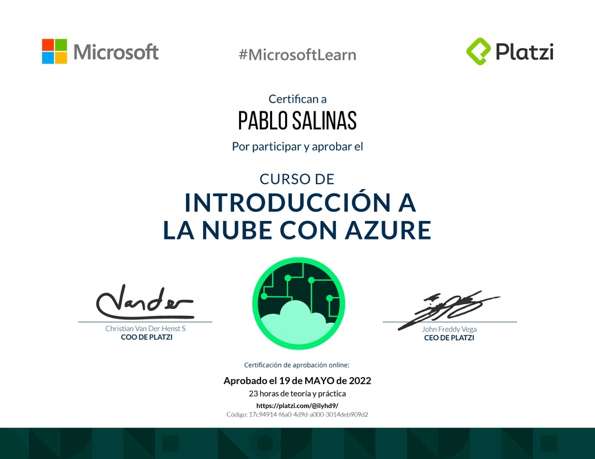 Diploma del Curso de Introducción a la Nube con Azure