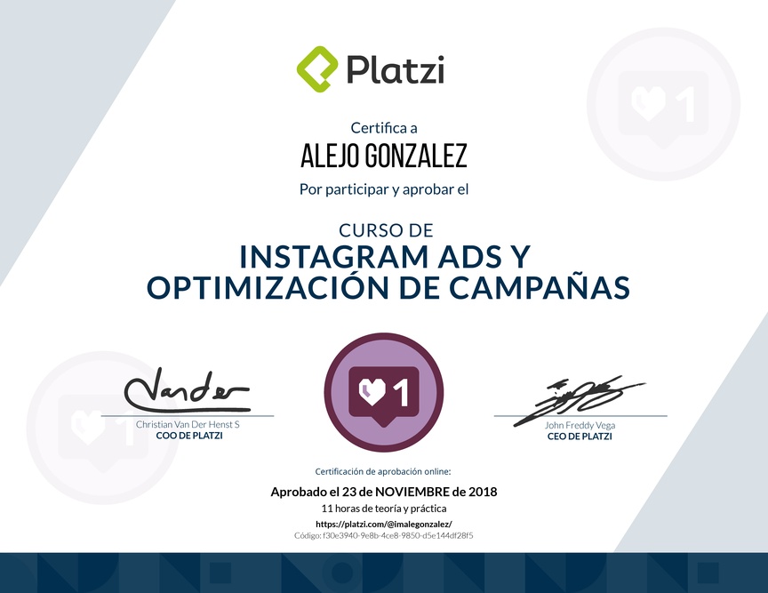Diploma del Curso de Instagram Ads y Optimización de Campañas 2018