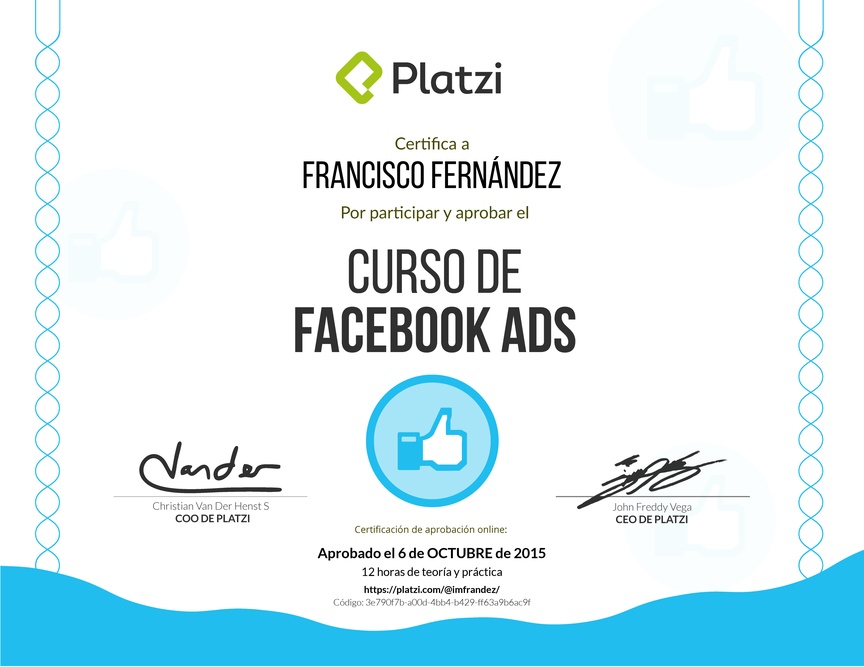 Diploma del Curso de Facebook Ads 2015