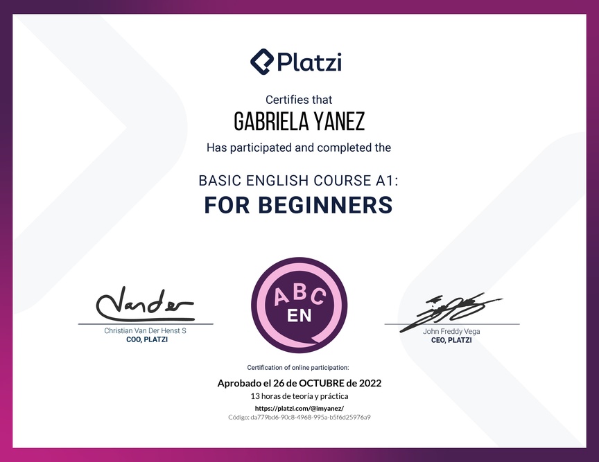 Diploma del Curso de Inglés Básico para Principiantes - (2022)