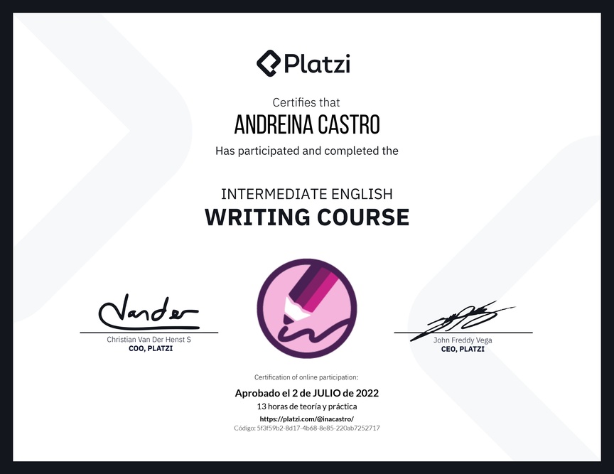 Diploma del Curso Intermedio de Escritura en Inglés