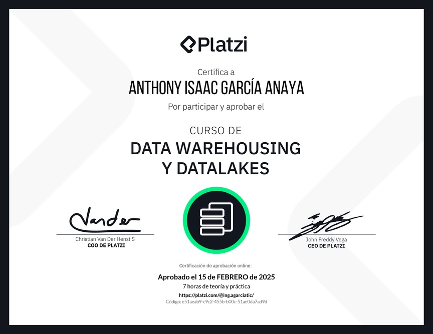 Diploma del Curso de Data Warehousing y Data Lakes