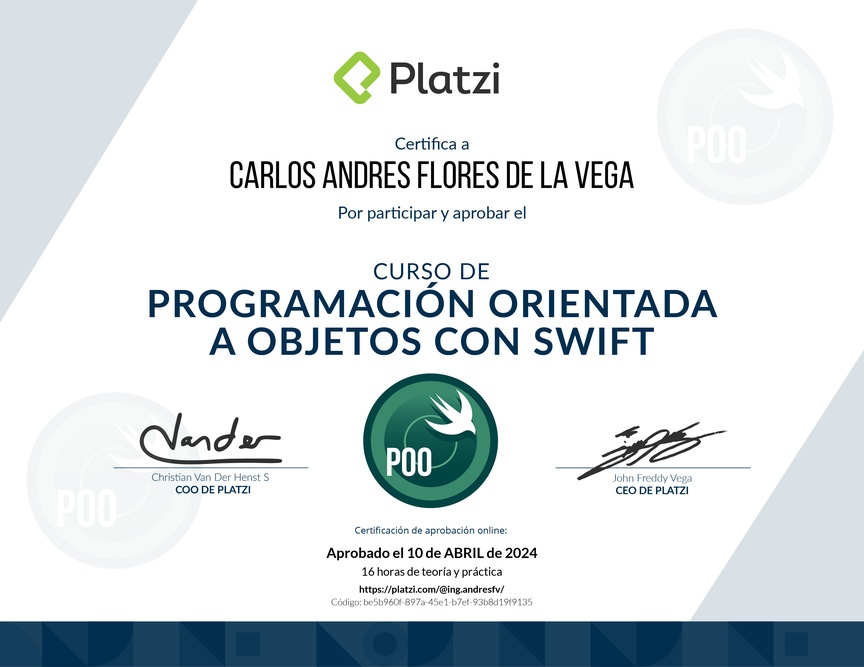 Diploma del Curso de Programación Orientada a Objetos en Swift