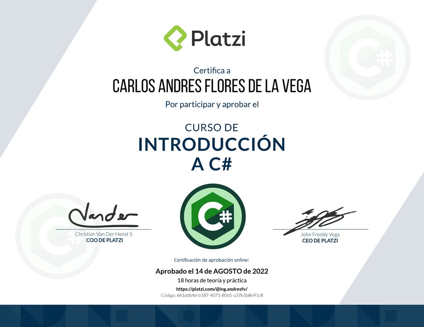Diploma del Curso de Introducción a C# con .NET 3.1
