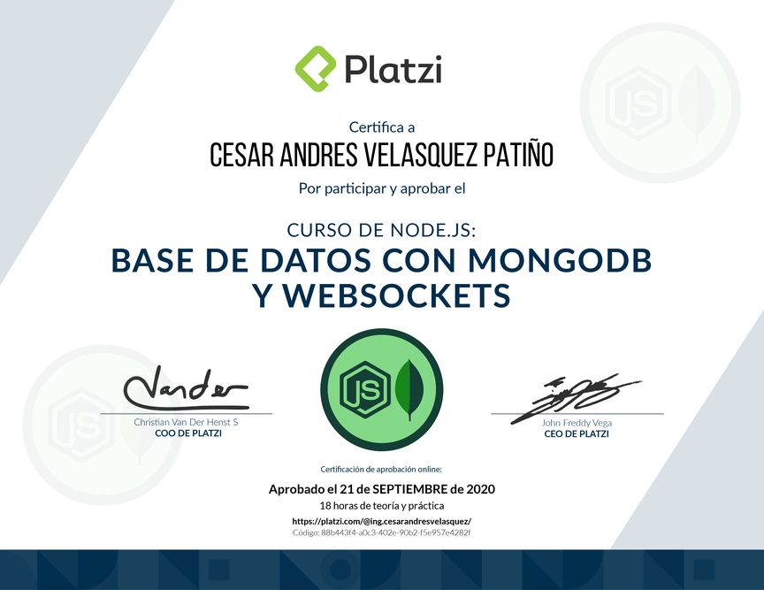Diploma del Curso de Node.js: Base de Datos con MongoDB y WebSockets