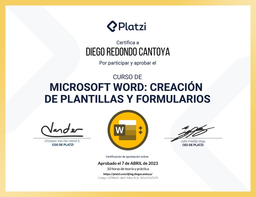 Diploma del Curso de Microsoft Word: Diseño de Plantillas y Creación de Formularios