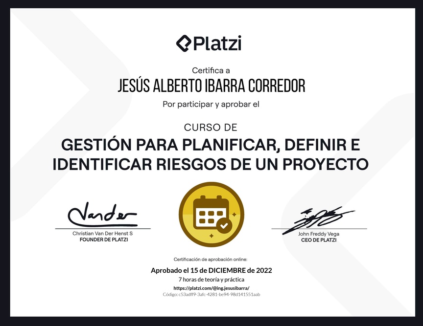 Diploma del Curso de Gestión para Planificar, Definir e Identificar Riesgos de un Proyecto