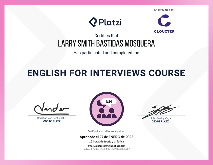 Diploma del Curso para Entrevistas de Trabajo en Inglés (2020)