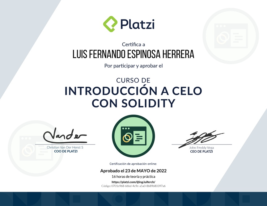 Diploma del Curso de Introducción a Celo con Solidity
