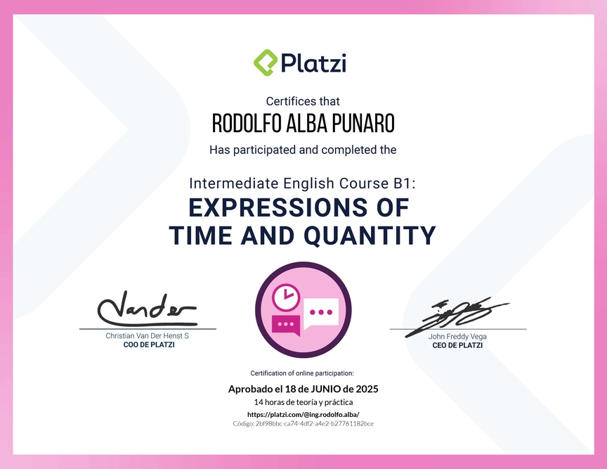 Diploma del Curso de Inglés Intermedio B1: Expresiones de Tiempo y Cantidad