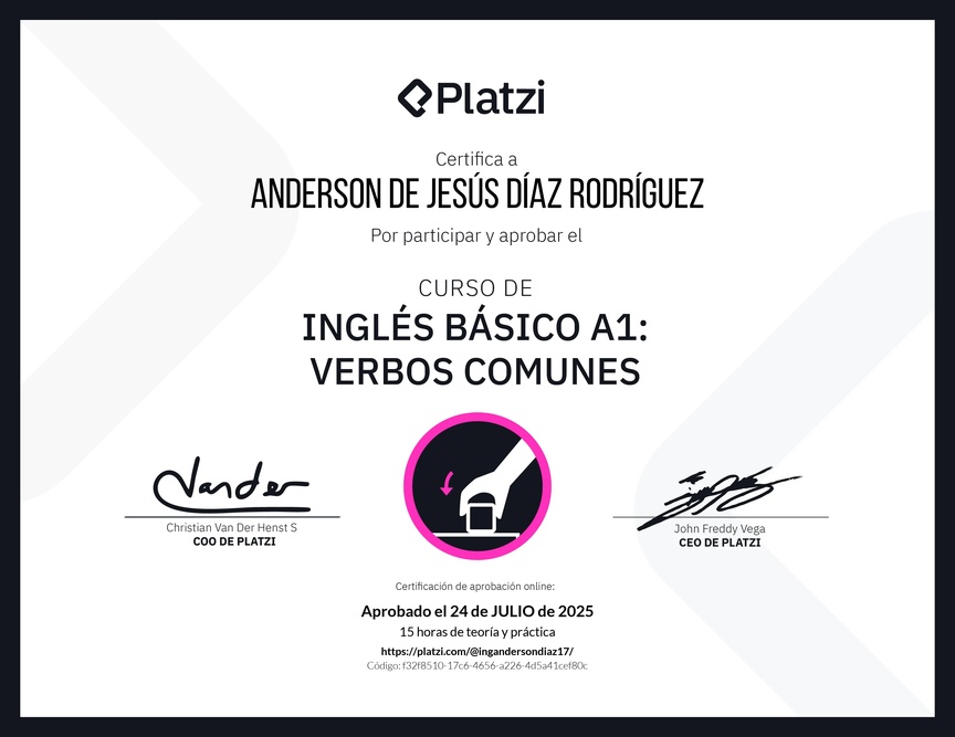 Diploma del Curso de Inglés Básico A1: Verbos Comunes