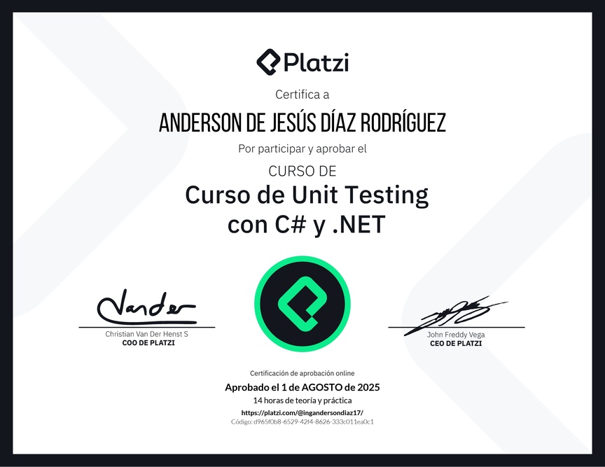Diploma del Curso de Unit Testing con C# y .NET