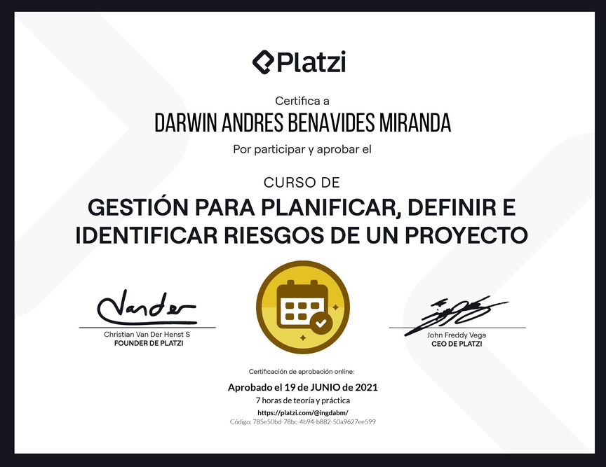 Diploma del Curso de Gestión para Planificar, Definir e Identificar Riesgos de un Proyecto