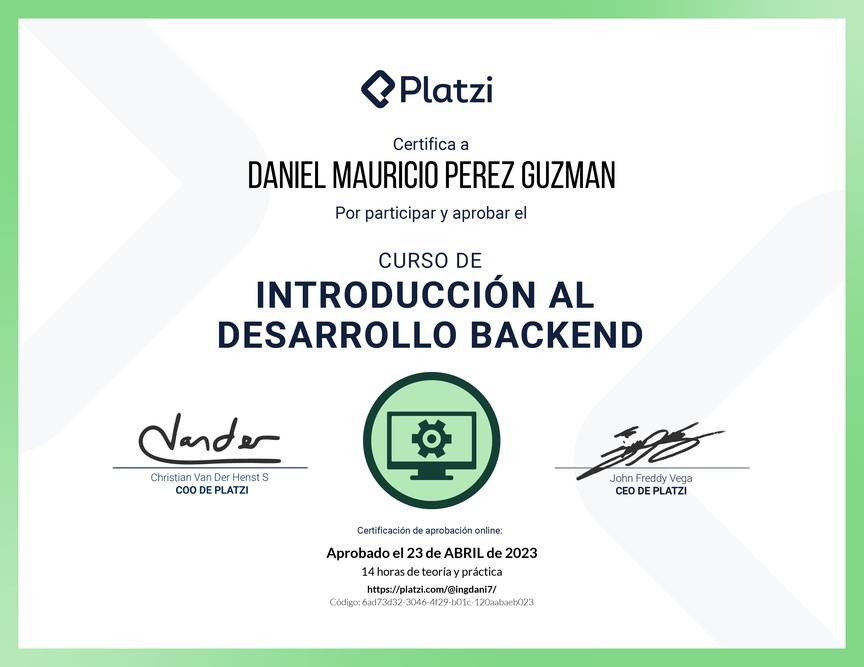 Diploma del Curso de Introducción al Desarrollo Backend